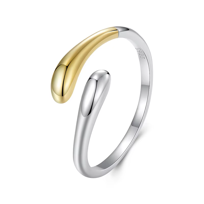 BAMOER 925 bague réglable ouverte bicolore en argent Sterling goutte d'eau, bagues en forme de goutt