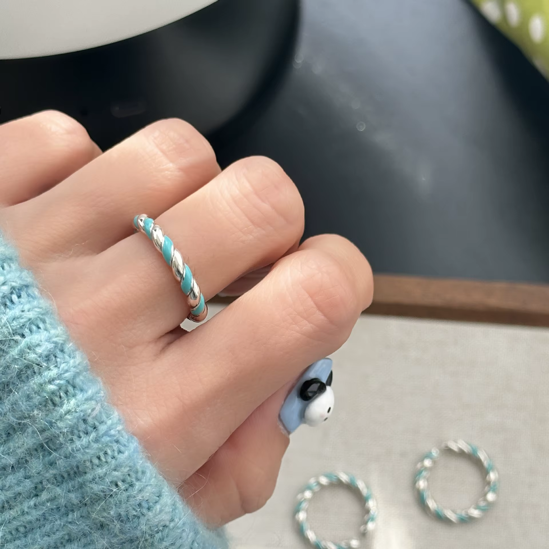 Bagues en argent Sterling 925 pour femmes, Couple minimaliste, fait à la main, Simple, torsadé bleu,