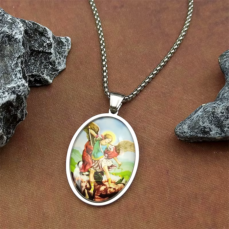 SAINT MICHAEL PROTECT US archange verre médaille pendentif collier femmes hommes acier inoxydable co
