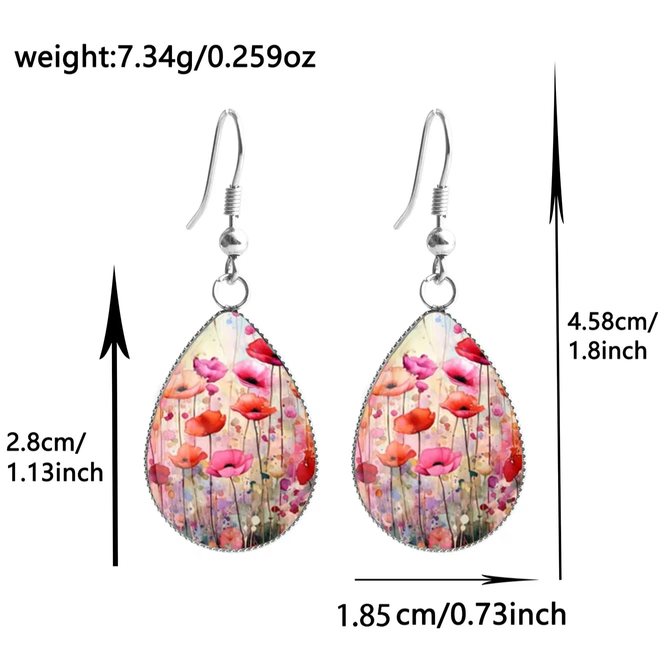 1 paire de boucles d'oreilles pour la Saint-Valentin avec motifs floraux et verre convexe, en acier 