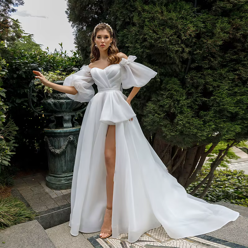 Robe de Mariée Classique à Manches Courtes avec Traîne, Vêtement Personnalisé à Dos Court et Long, N