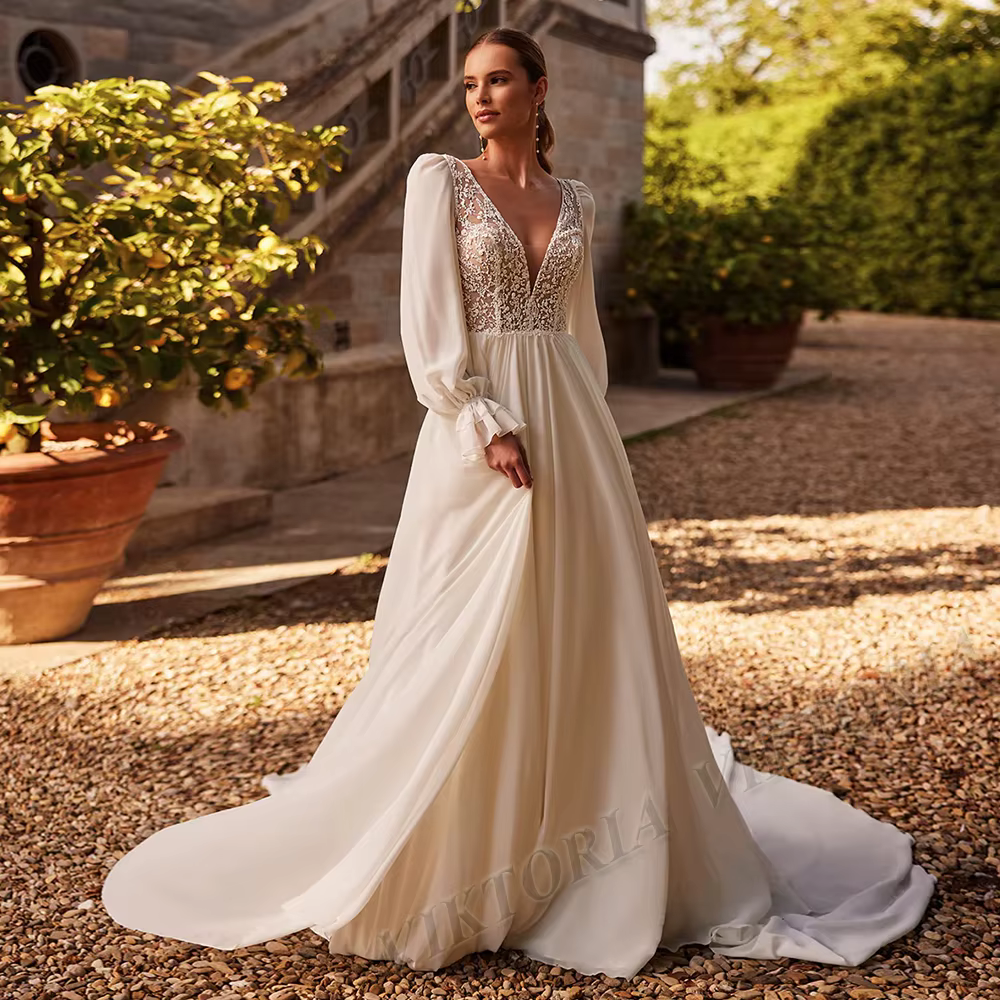 VIKTORIA-Robe de Mariée Élégante à Manches sulfpour Femme, Appliques en Dentelle Aline, Éducative, P
