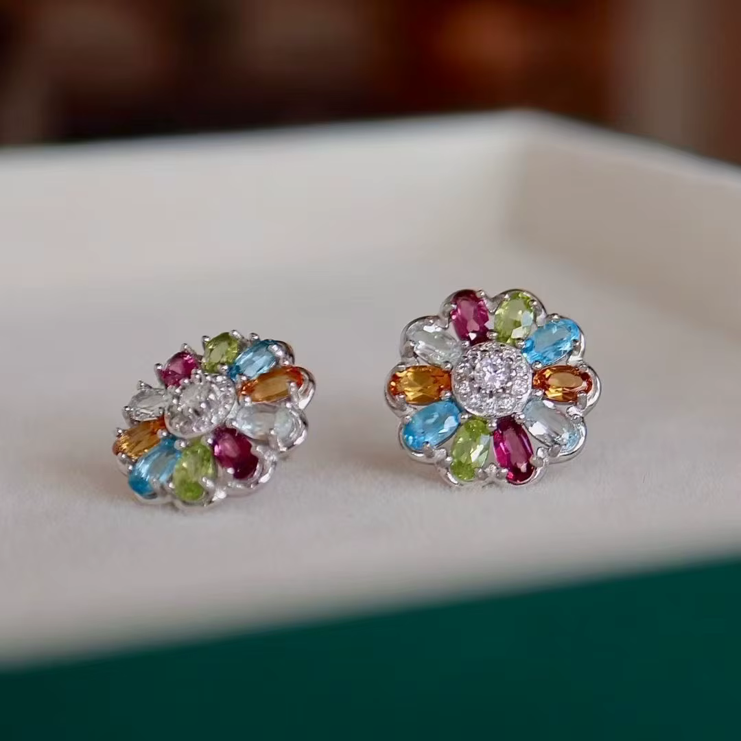Boucles d'oreilles de luxe certifiées en argent 925, Tourmaline naturelle, fleur, goutte d'eau, Mois