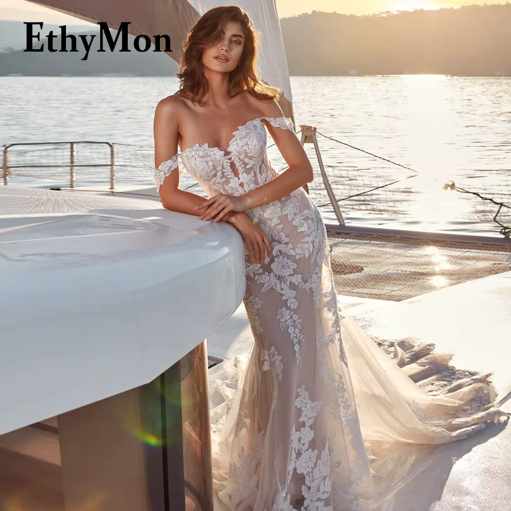 Ethymon moderne chérie Robe De mariée pour mariée hors De l'épaule trompette dentelle Appliques dos 