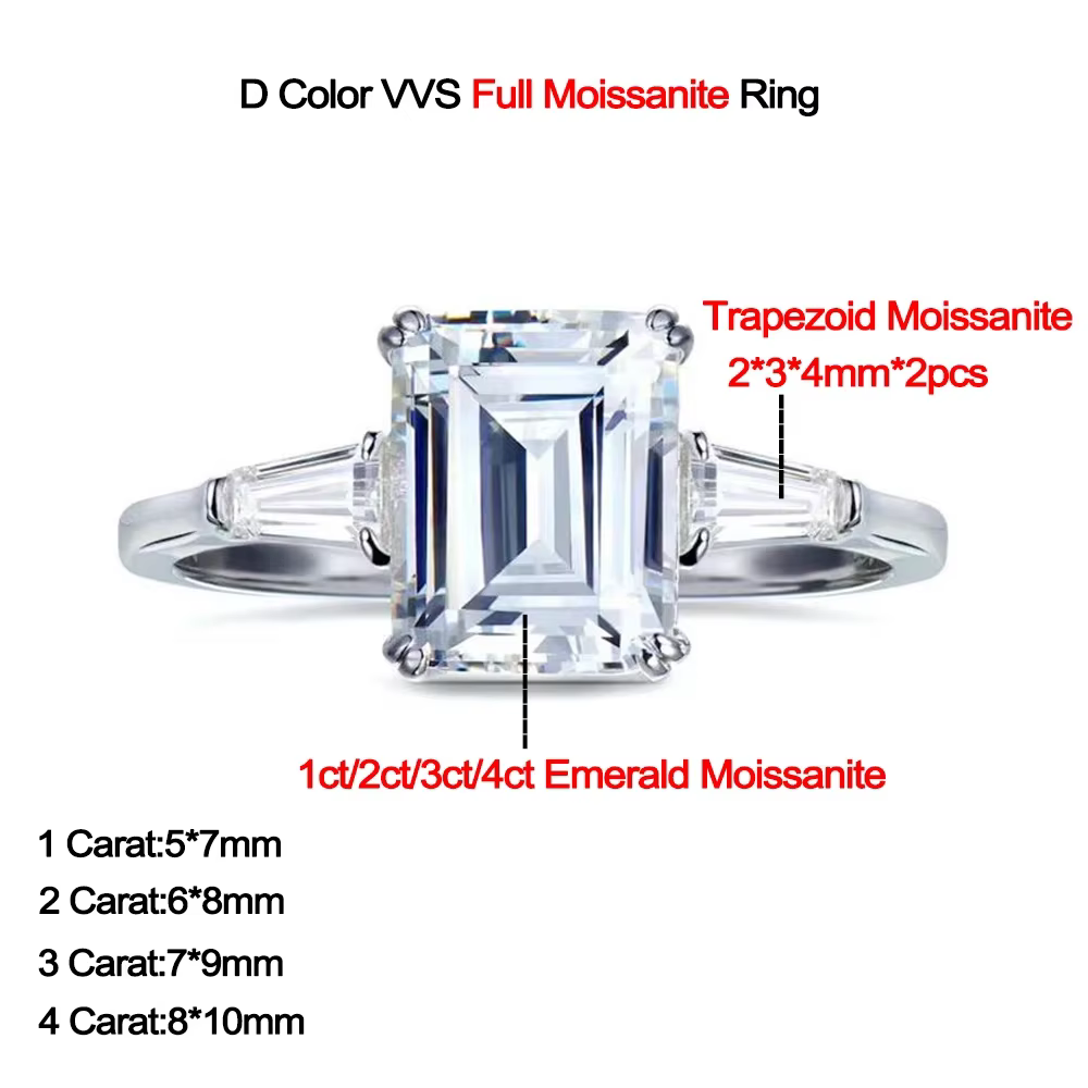 Bague moissanite complète 1-4CT pour femmes, 3 pierres, diamant taille émeraude/trapétique, alliance