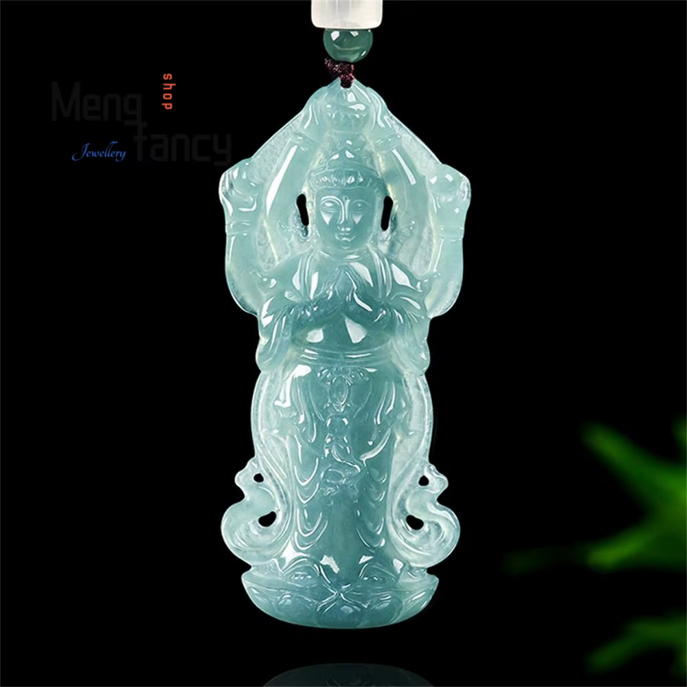 Véritable naturel de qualité A jadéite eau bleue tridimensionnelle mille mains Guanyin Type de glace
