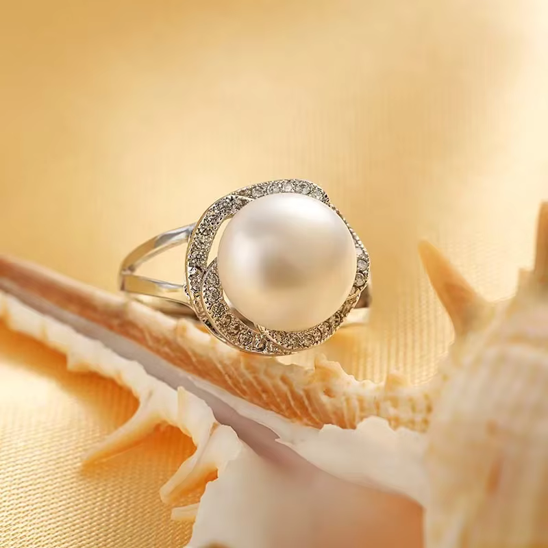 Bague en argent sterling 925 pour femme, grande perle naturelle, anneau en pierre réglable, perle bl