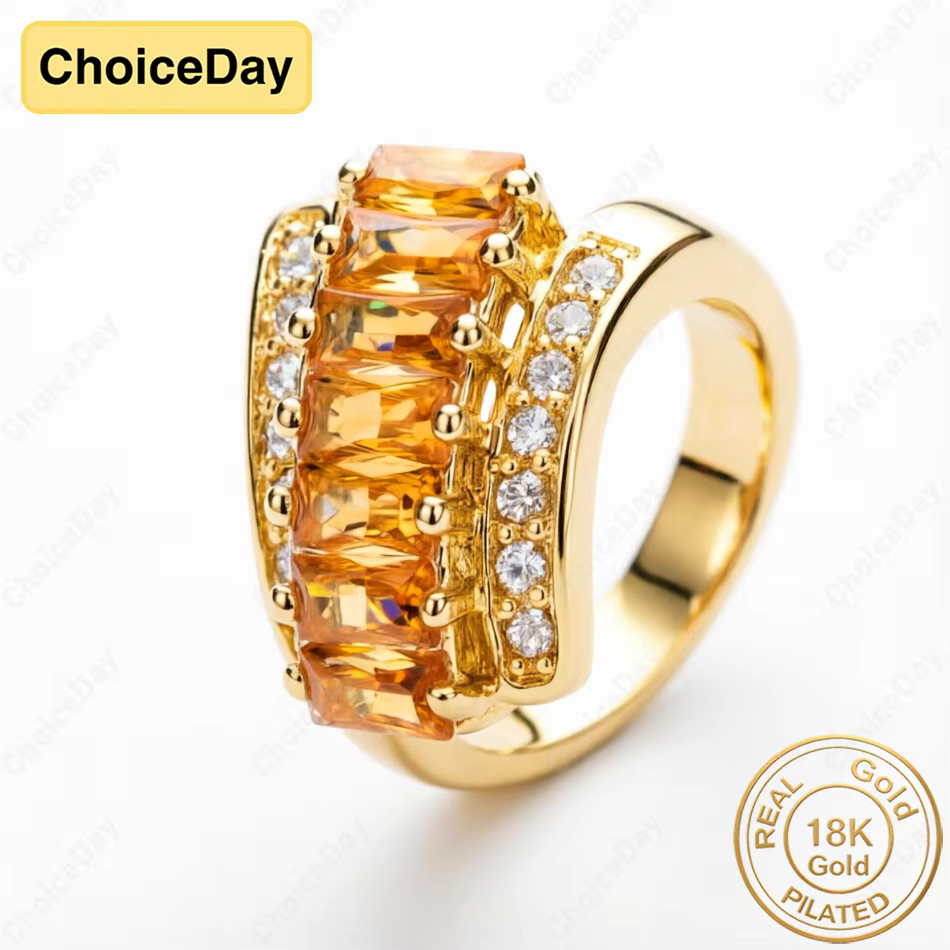 Bague rectangulaire en zircon jaune plaqué or 18 carats, bijou élégant pour femme, cadeau idéal pour