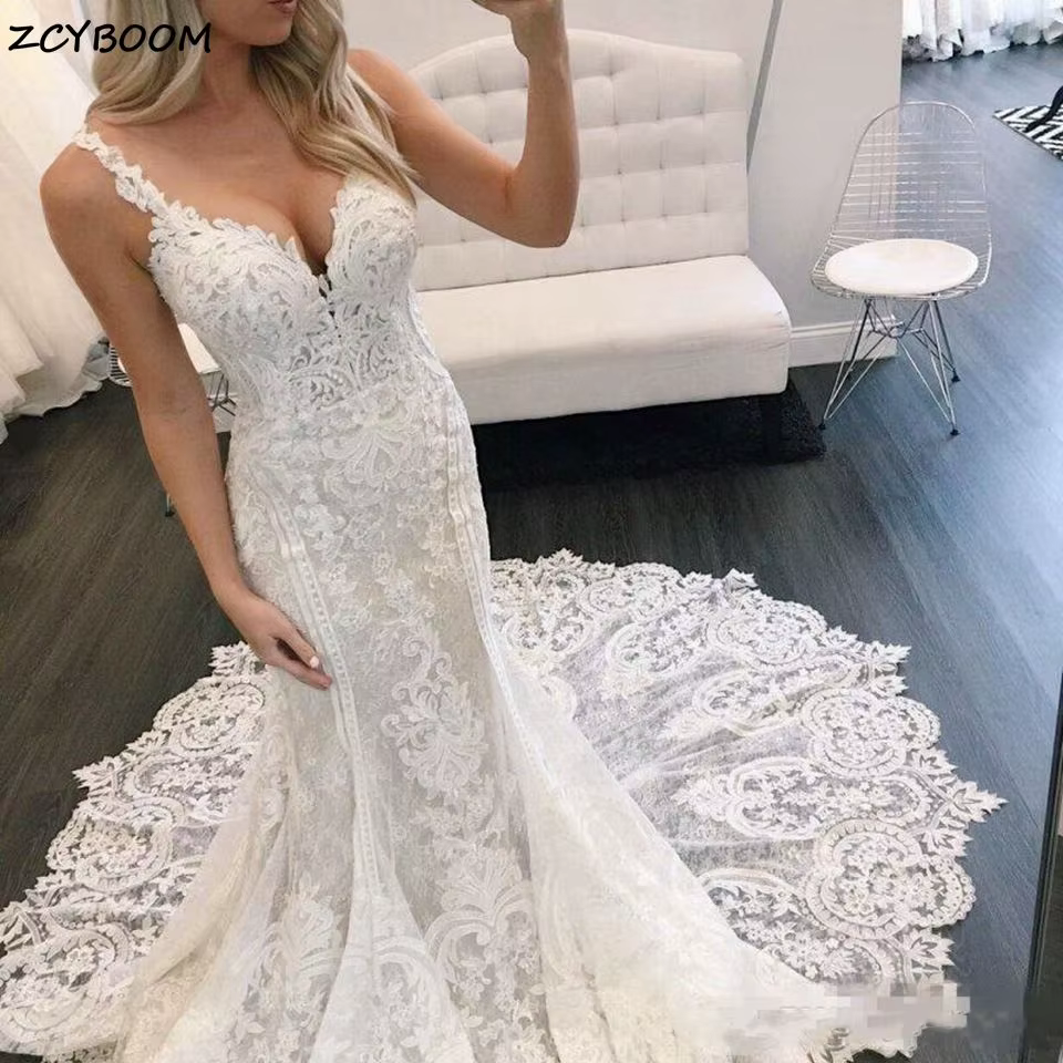 Robes de mariée sirène personnalisées 2026, élégantes, avec appliques en dentelle, bretelles spaghet