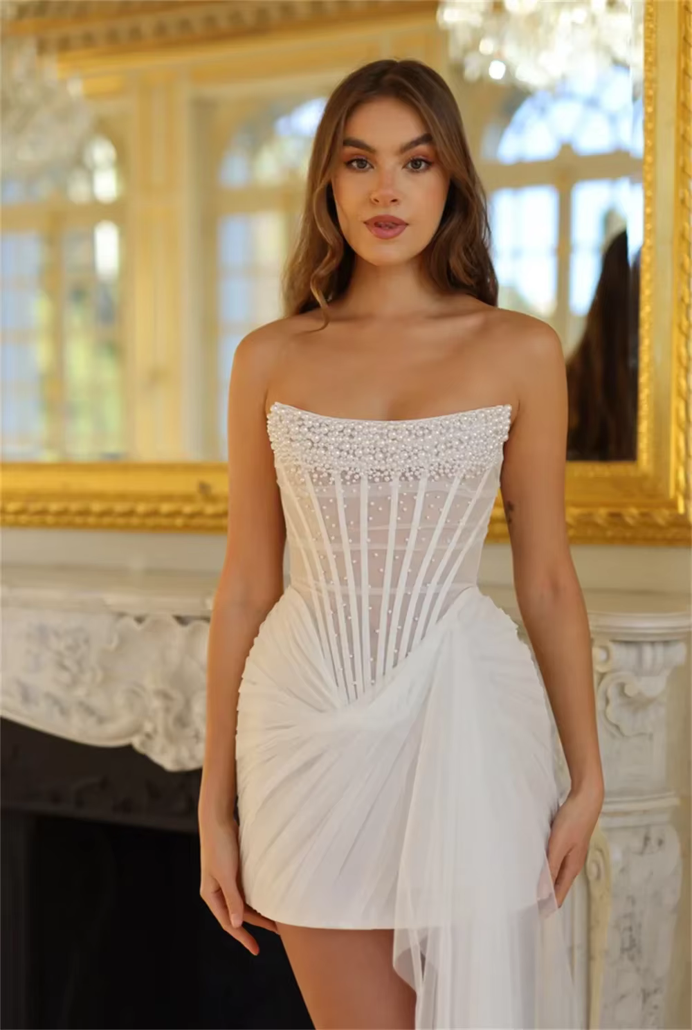Robe de mariée courte personnalisée sexy à col bateau, dos nu, perles, sans bretelles, mini vestido 