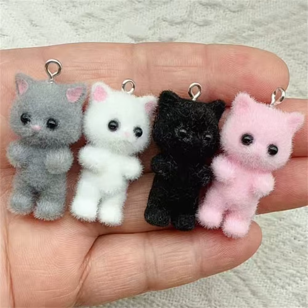 4 pièces Kawaii 3D moelleux flocage résine chat animaux pendentif à breloques coloré porte-clés coll