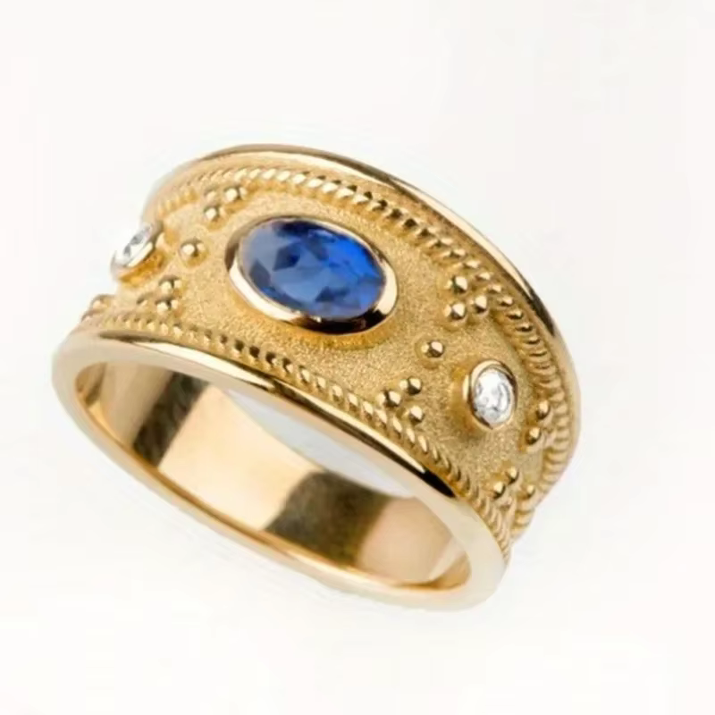 Bague d'agate bleue intégrée, artisanat de luxe français Vintage, bague en alliage d'ancienne mode, 