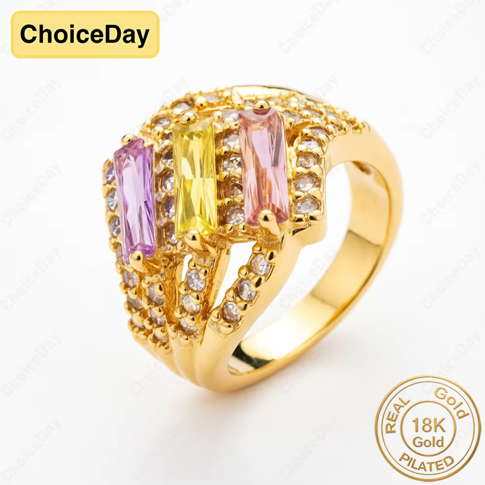 Bague élégante en or plaqué 18 carats, tricolore, avec pierres précieuses en zircon, pour femmes, bi