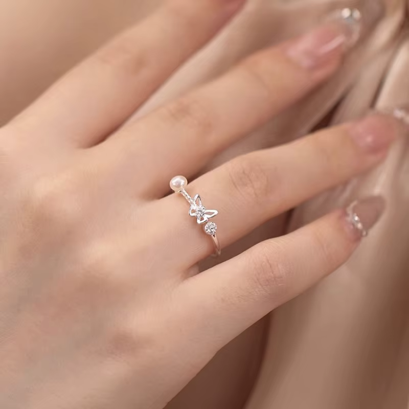 PANJBJ-Bagues papillon en argent regardé 925 pour femmes et filles, perle Zcomprend, bijoux de burea