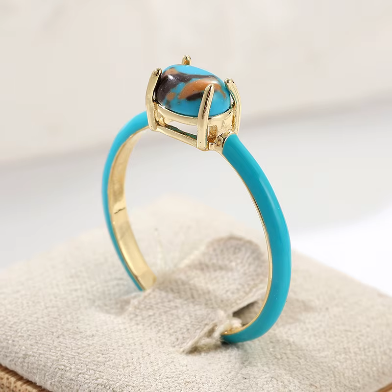 Bague Minimaliste Élégante en Turquoise Synthétique Plaqué Or pour Femme, Style Bohème, Accessoire d