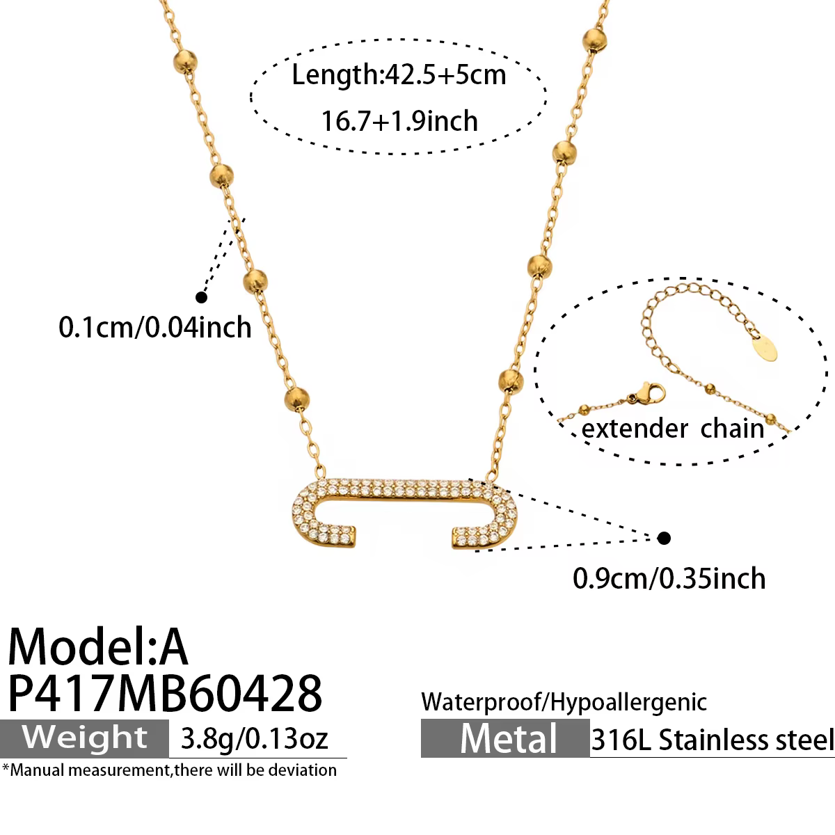 Collier en acier inoxydable 316L plaqué or 18 carats pour femme, pendentif trombone, perle d'eau dou