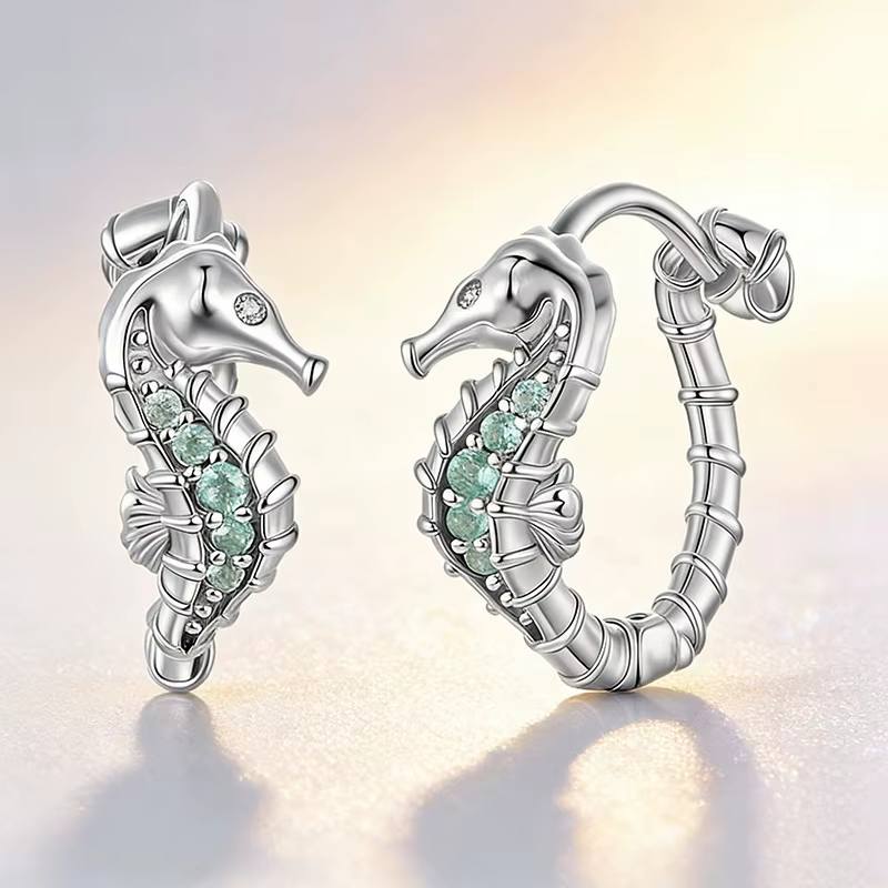 Boucles d'oreilles en argent sterling 925 avec motif hippocampe exquis, bijoux fantaisie mignons et 