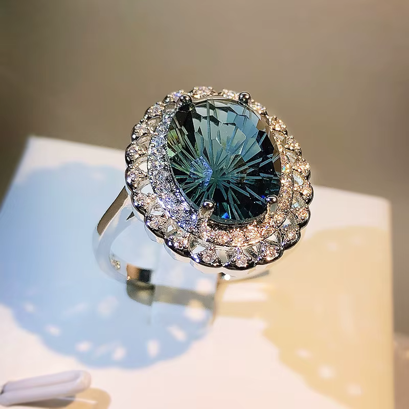 Bagues rondes en topaze bleue pour femme, argent regardé S925, bague de fiançailles, bijoux fins de 