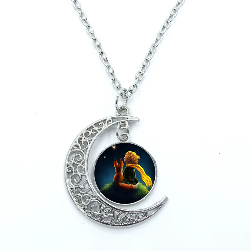 Collier le petit Prince lune, pendentif Photo imprimé, dôme en verre, Cabochon, rond de 20mm, bijoux