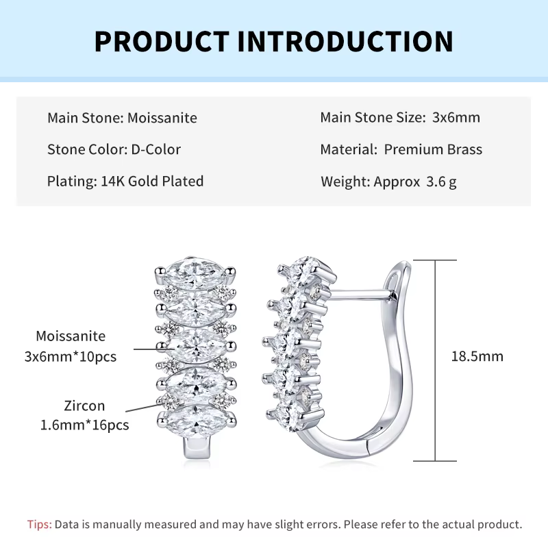 Rrjzz Boucles d'oreilles créoles de luxe pour femme, avec cinq pierres de moissanite couleur D taill