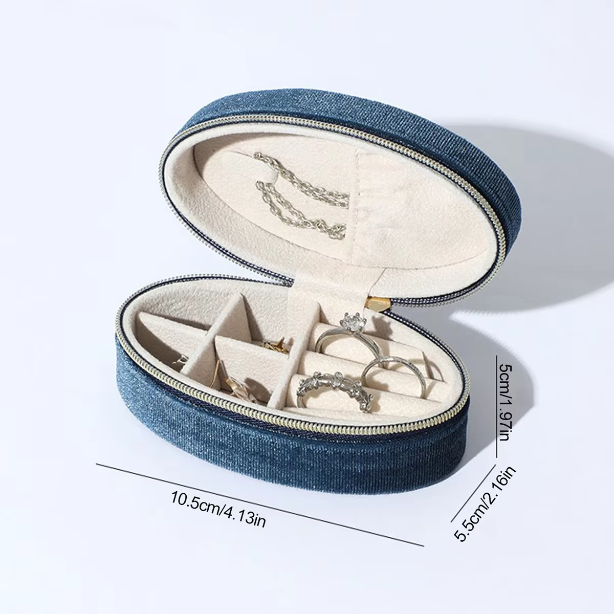Boîte à bijoux en velours, organiseur ovale compact avec compartiments divisés et crochet pour colli