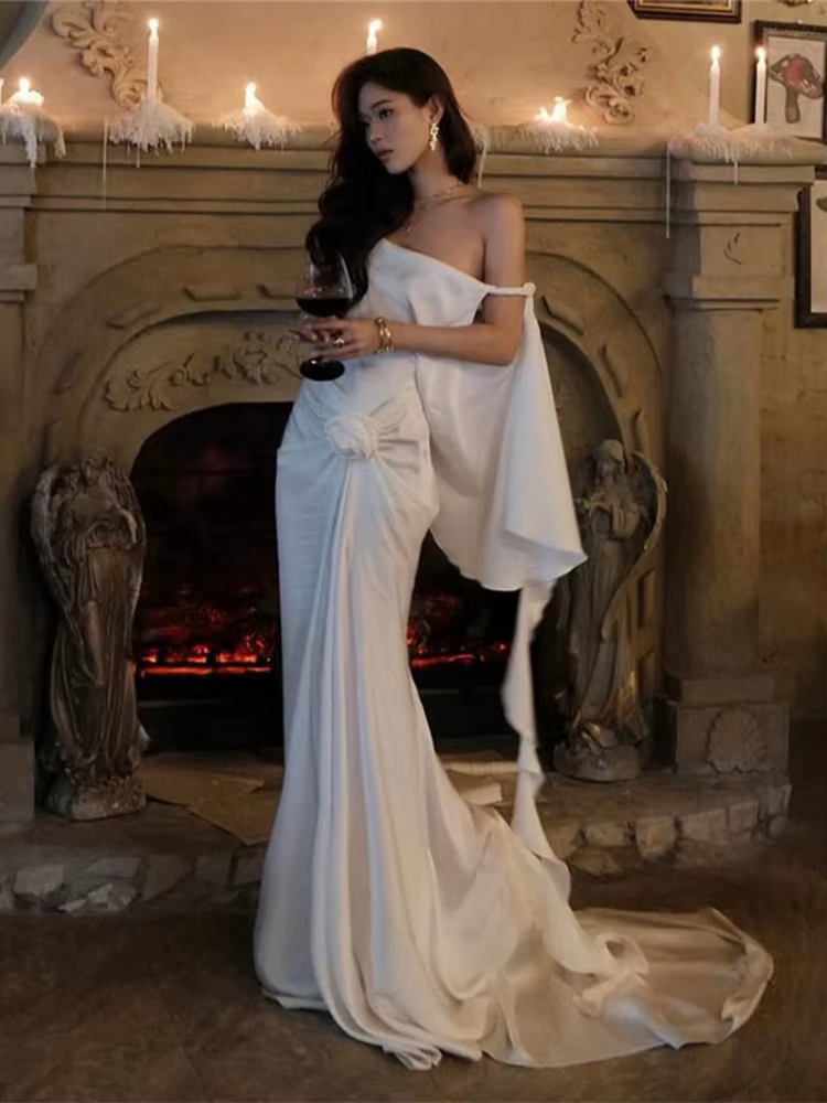 SIsterlinda élégant Sexy robe de mariée femmes 3d fleurs Slash cou dos nu irrégulière à volants glan
