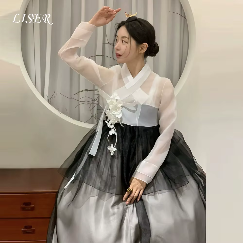Robes de mariée vintage Liser style A-line en organza de soie noir coréen, 2 pièces, robes de soirée