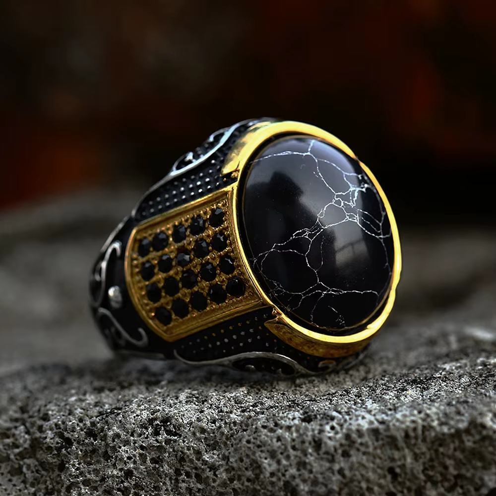 Bague gothique vintage en acier inoxydable pour hommes, pièce nar, document en or, pierre noire, pun