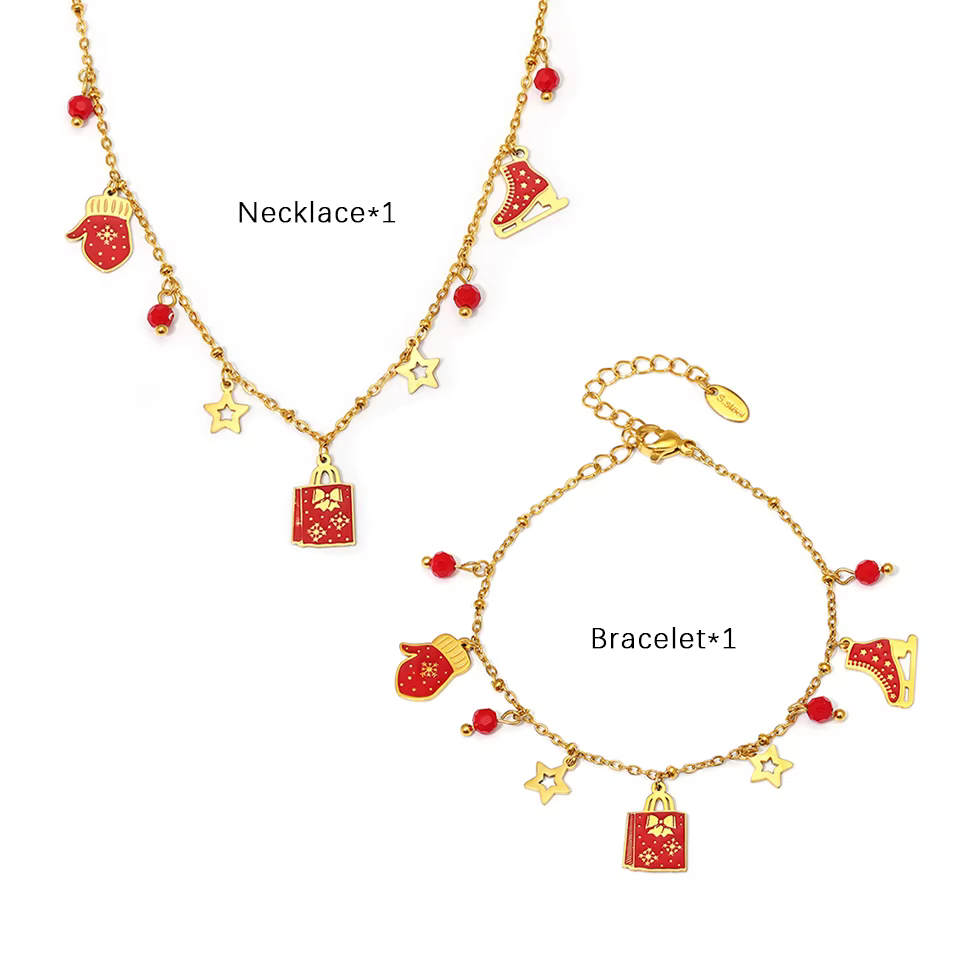 Collier, bracelet et boucles d'oreilles à thème de Noël pour femmes, plaqué or 18 carats, acier inox