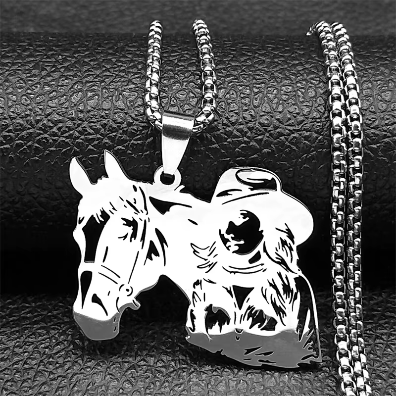 Cheval Animal cavalier fille pendentif collier pour hommes femmes en acier inoxydable or/argent/noir