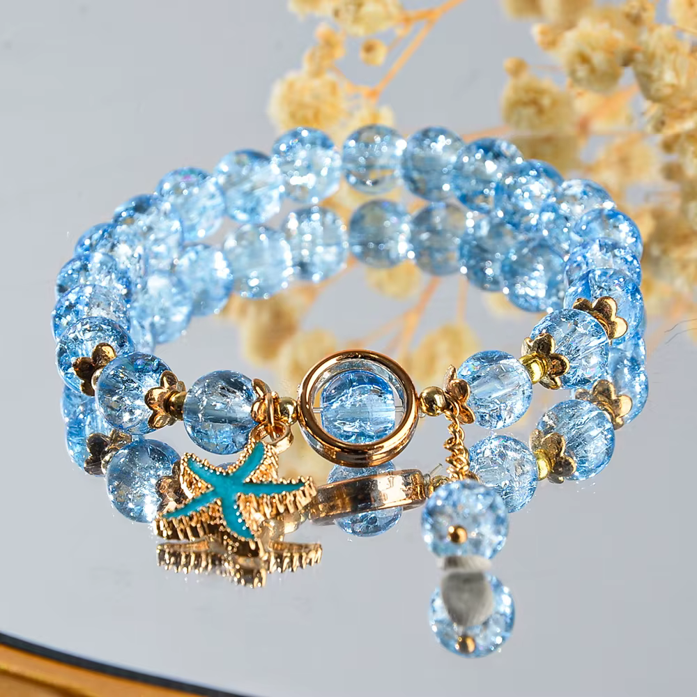 Bracelet élégant pour femme, perles bleues craquelées, étoile de mer créative, cadeau pour une amie,