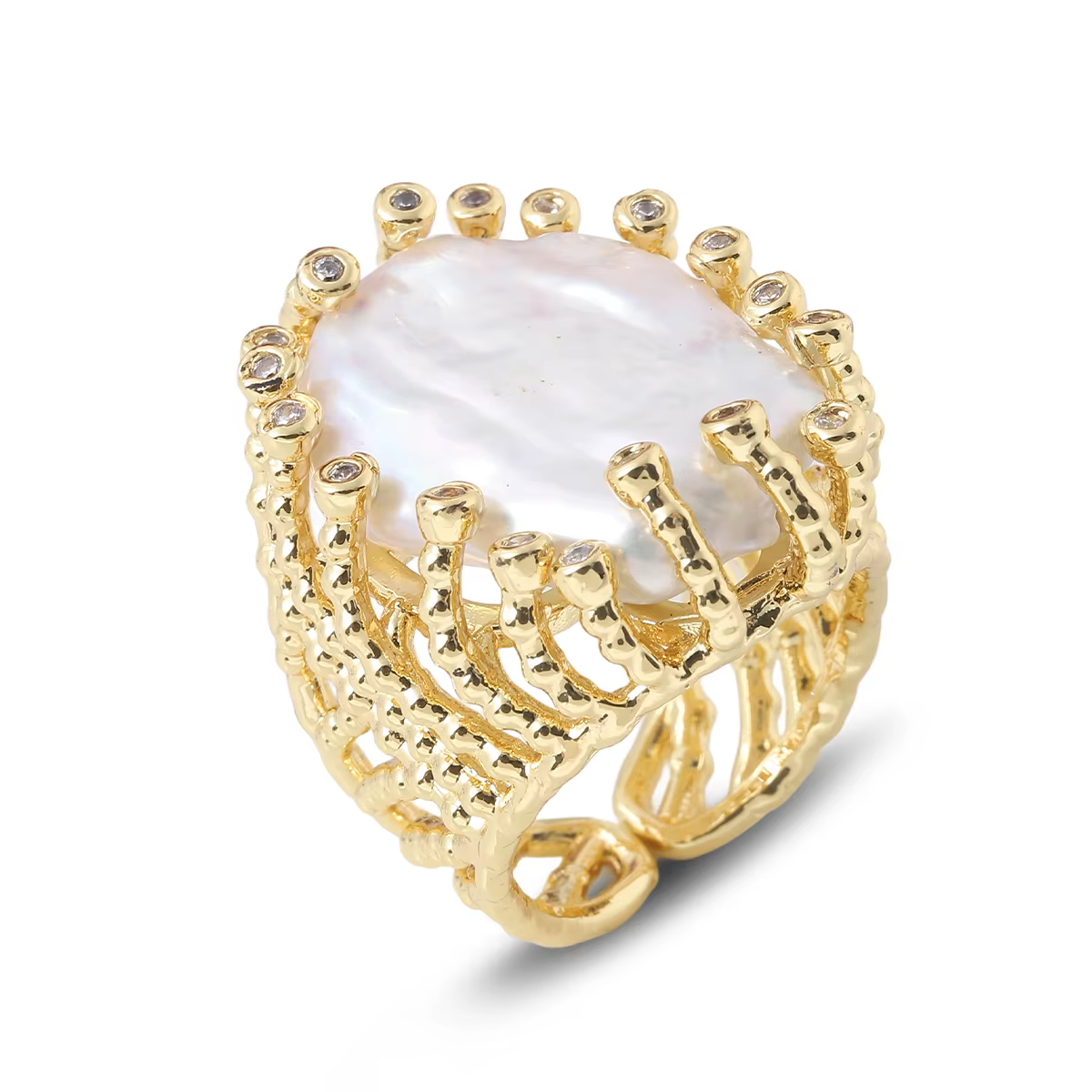 Perle d'eau douce naturelle en acier inoxydable plaqué or, bague luxueuse en perles baroques, pierre