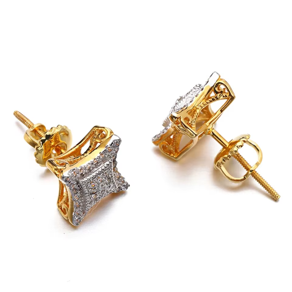 VANAXIN Hip Hop Zircon carré Bling boucle d'oreille matériau en laiton glacé plaqué or 14 carats pou
