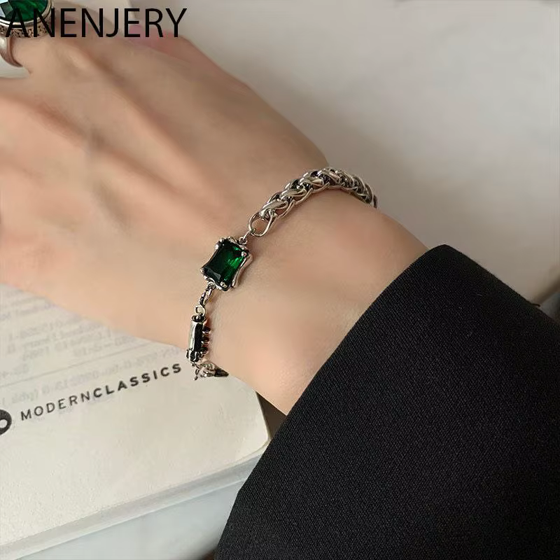 ANENJERY couleur argent vert carré Zircon épais Thain Bracelet femme Vintage fait à la main Thai arg