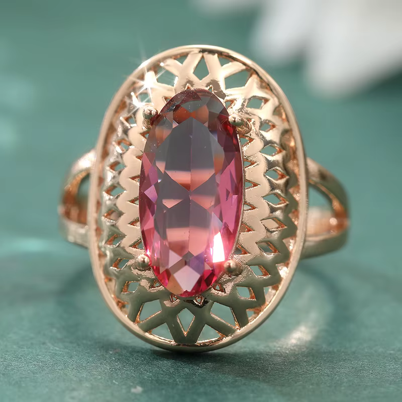 Bague ovale en zircone synthétique rouge, charme romantique, couleur or rose, pour femmes, accessoir