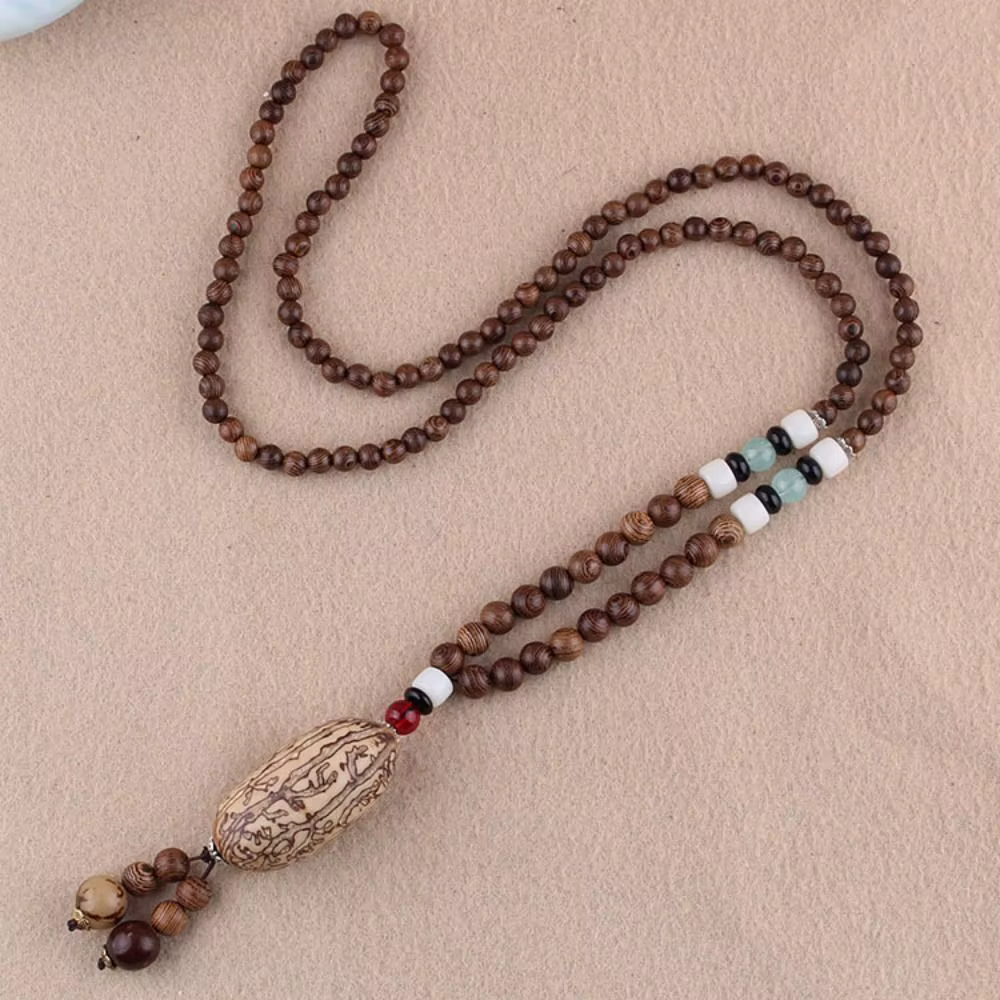 Collier long ethnique bohème en perles de bois, style abaque, bijou bouddhiste polyvalent pour femme