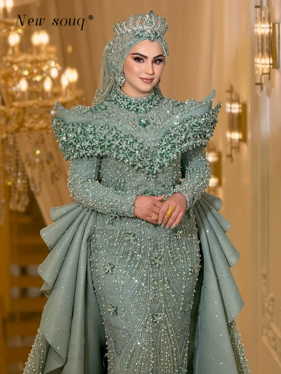Robes de bal élégantes vert sauge pour femmes musulmanes du Moyen-Orient, avec jupe superposée à vol