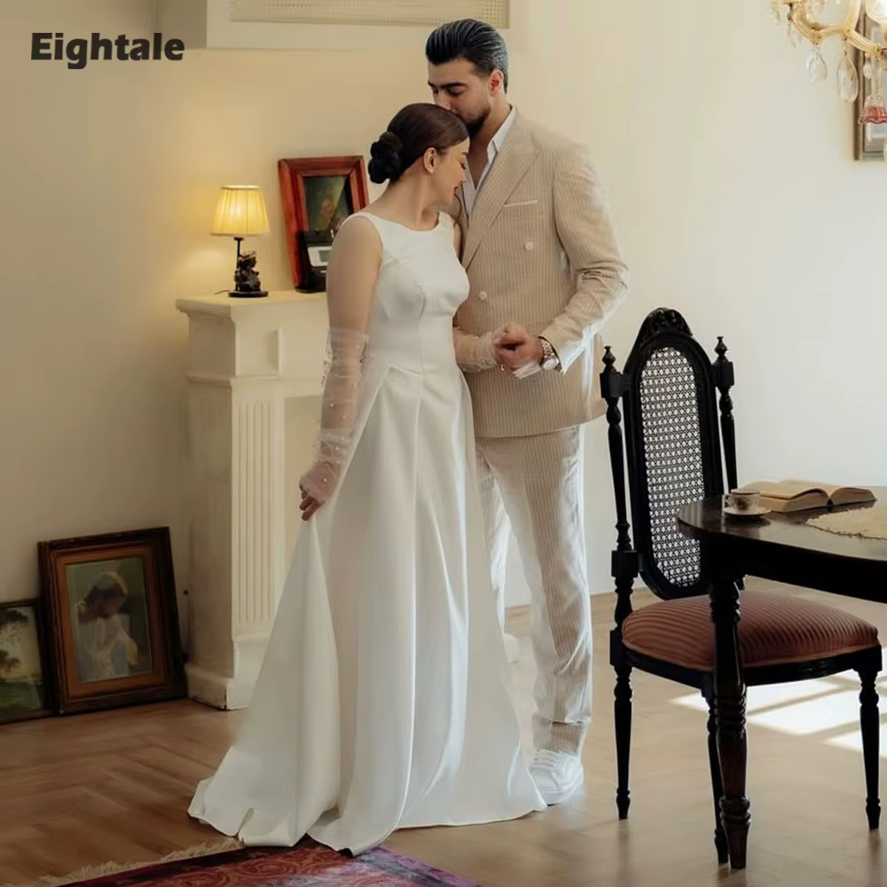 Robe de mariée arabe Eightale personnalisée, robe de mariée ivoire en satin, col rond, robe de soiré