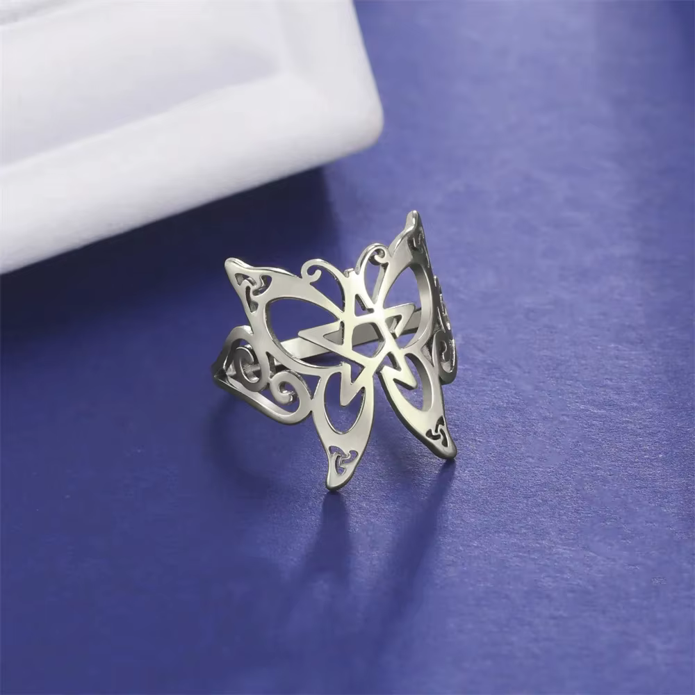 Bague papillon, amulette pentacle, cadeau surnaturel pour homme et femme, bijoux punk creux en acier