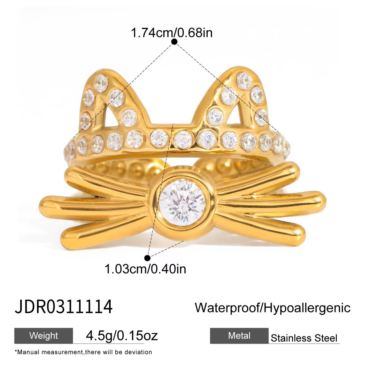 Ars – bague ouverte en forme de chat en strass, anneaux en acier inoxydable plaqué or, bague douce, 