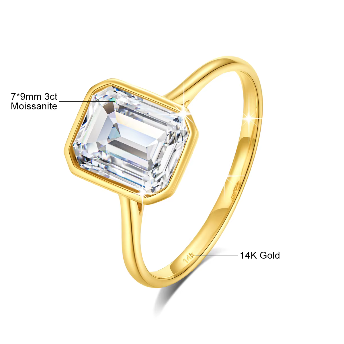 Bagues de fiançailles en or jaune 14 carats, bague en moissanite taille émeraude 3 carats pour femme