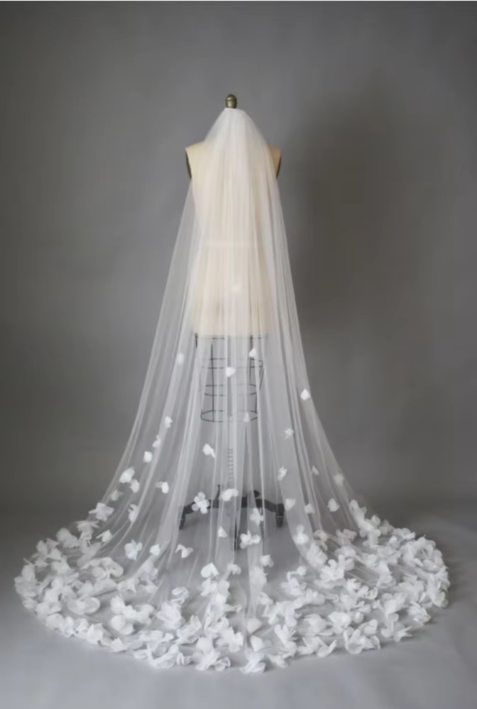 Voile de mariée Long voile de mariage fleurs 3D dentelle florale blanc luxueux pétales voile pour ma