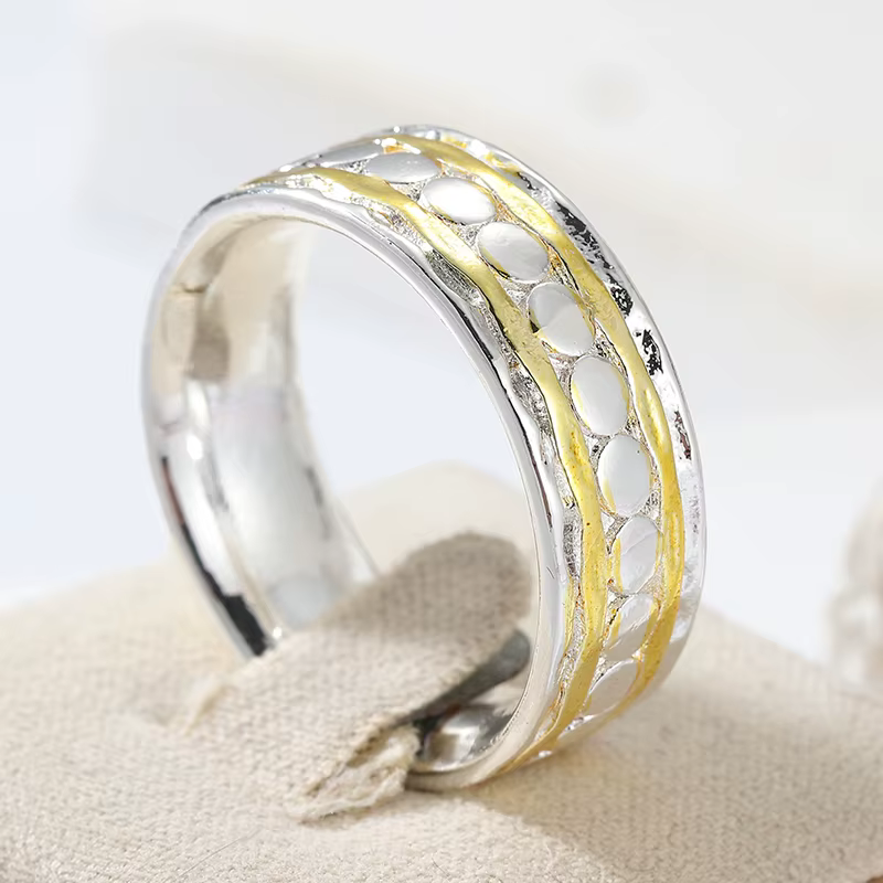 Bague vintage sculptée à la main pour femme, bijou créatif en métal bicolore, géométrique, pour usag