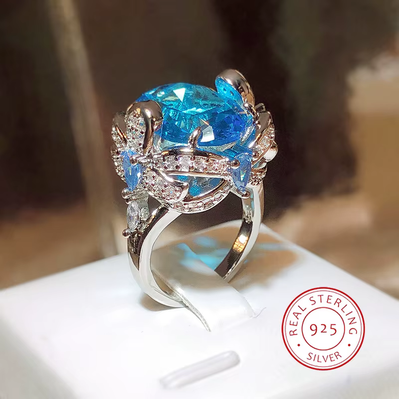 Bague de Luxe en Argent 925 Bleu Clair pour Femme, Accessoire à la Mode pour Banquets et ixd'Anniver