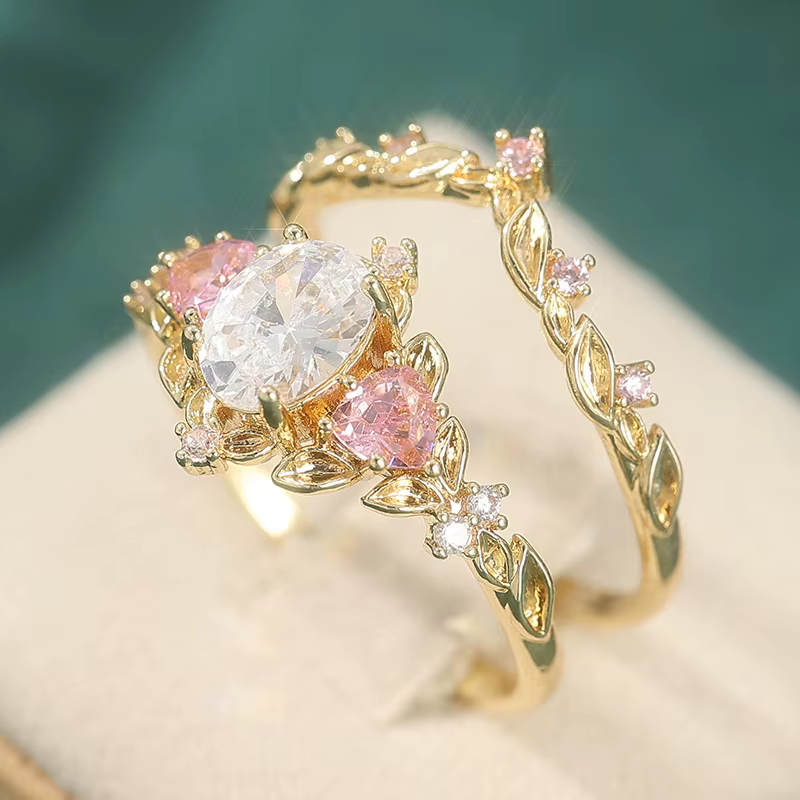 Bague en Zircon synthétique rose rétro élégant, 2 pièces/ensemble, cadeau de proposition de fiançail