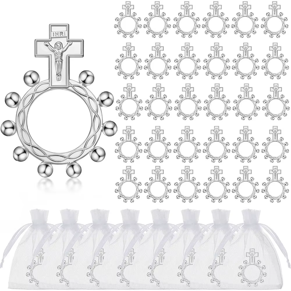 10/30/60 Ensembles de Bagues Chapelet Dorées + Sac Organisateur Perles Croix pour Baptême/1ère Commu