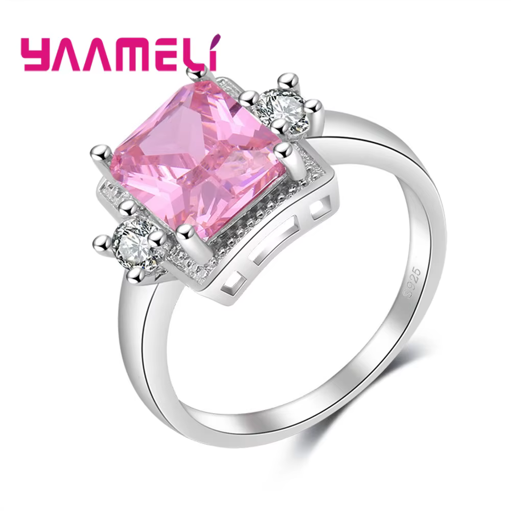 Bagues en argent Sterling 925 pour femmes, bijoux de fiançailles, mariage, zircon cubique rose carré