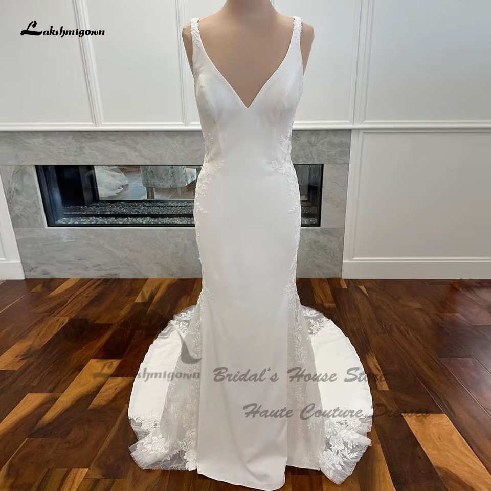 Yanshmigown-Robe de Mariée Sirène en Satin Crêpe, Sexy, Vintage, Dentelle, Patients, Boho, Tout Dos 