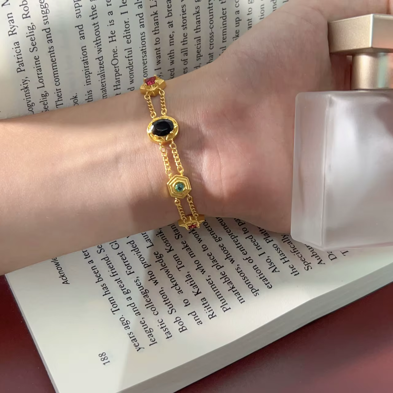 Bracelet de manchette rempli d'or victorien Ero Vintage 14K, pierres rubis/Turquoise/Agate/Tourmalin