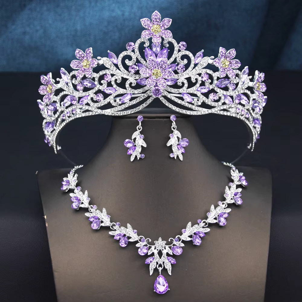 Parures de bijoux de mariée pour femmes, 3 pièces : collier, boucles d'oreilles et couronne, accesso